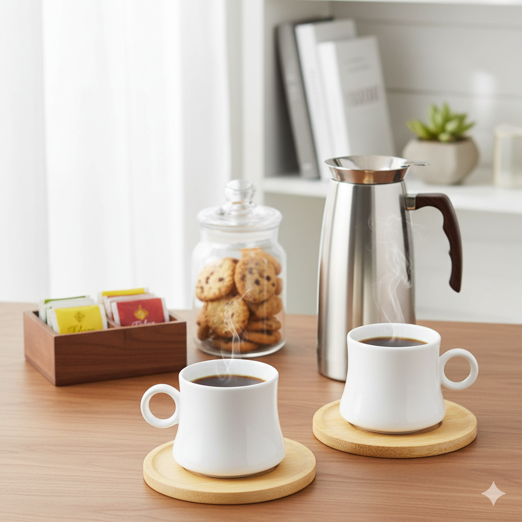 Jogo de Xícaras Café Porcelana com Pires de Bambu 2pçs