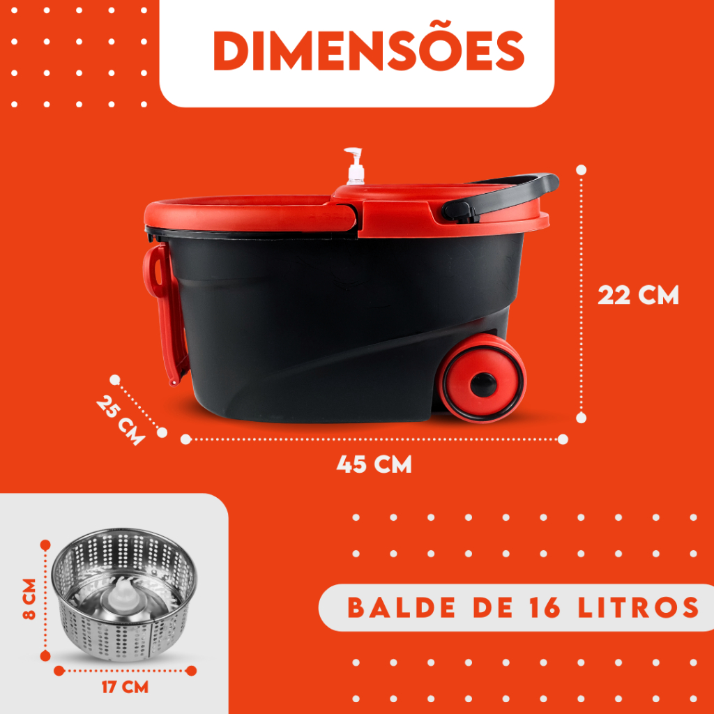 Mop Giratório Com Cesto Em Inox - Cabo 150cm - Completo - Vermelho - Aviv