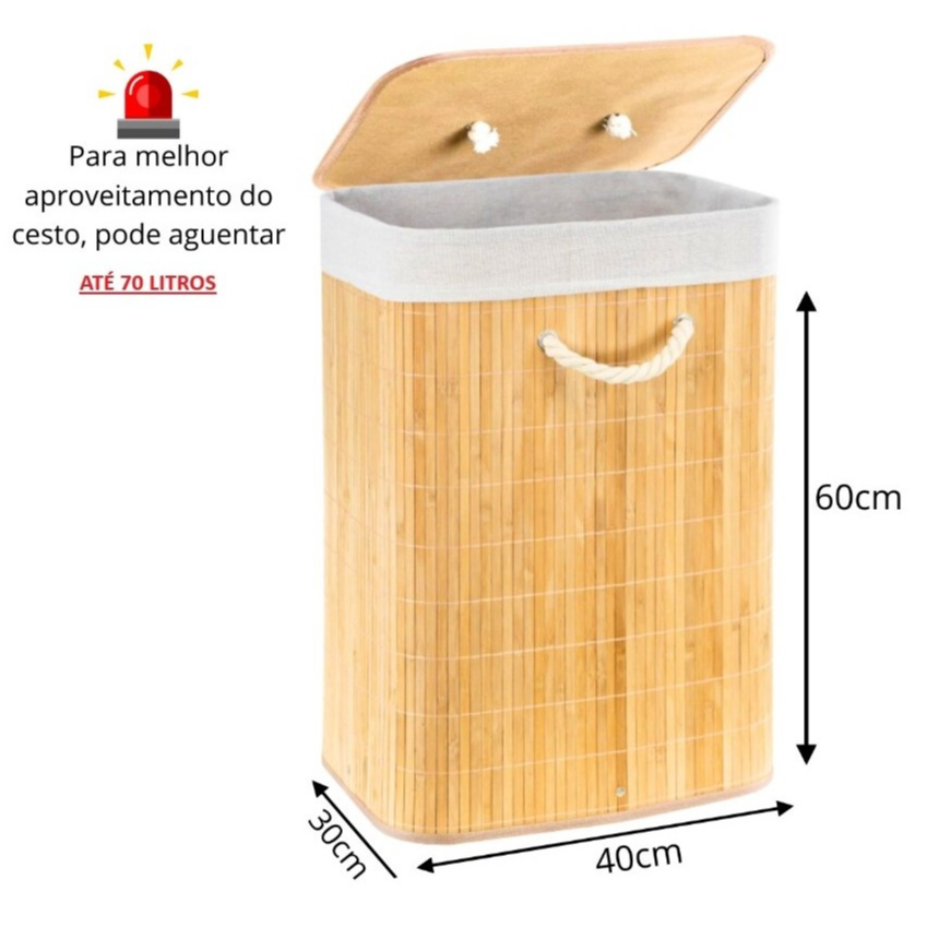 Cesto Roupa Bambu Retangular Com Tampa Alças Banheiro Bege