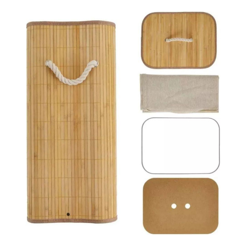 Cesto Roupa Bambu Retangular Com Tampa Alças Banheiro Bege