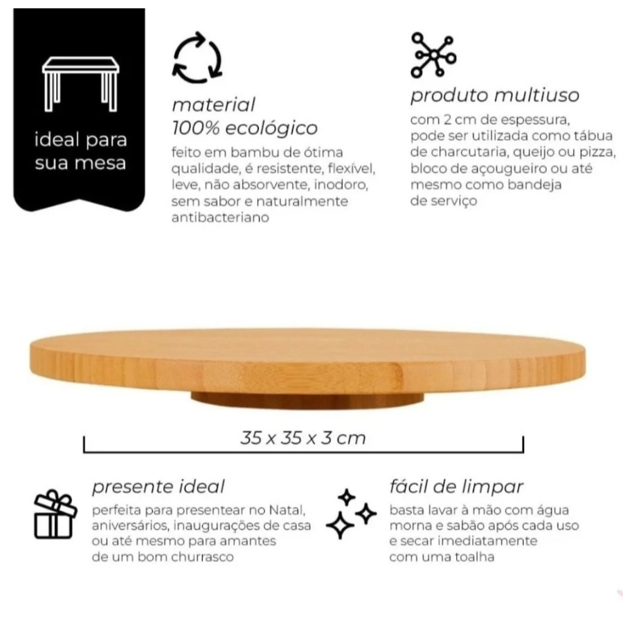 Tabua De Bambu Com Base Giratória Centro De Mesa Para Petiscos 32cm