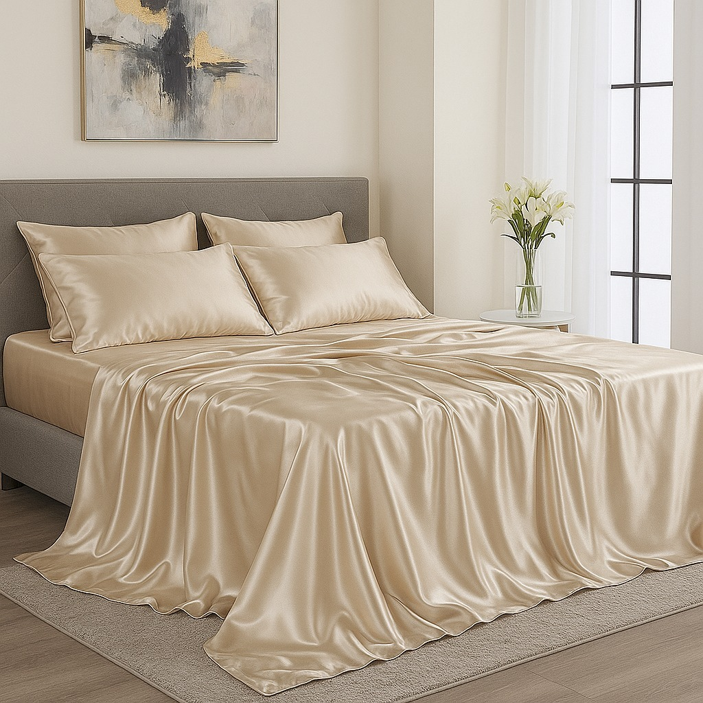 Kit Lençol de Cetim com Elástico e Fronhas – Toque Macio, Brilho Luxuoso e Conforto Incomparável