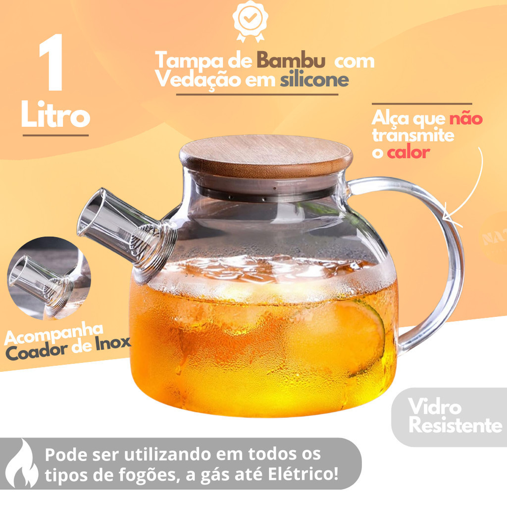 Chaleira de Vidro 1 Litro Tampa de Bambu Premium Borossilicato Bule com infusor Resistente a Calor de ir Ao Fogo