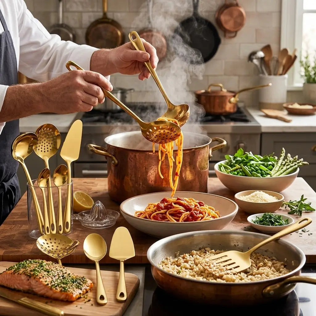 Conjunto de cozinha de aço inoxidável de 11 peças, conjunto de utensílios de cozinha, conjunto completo de talheres