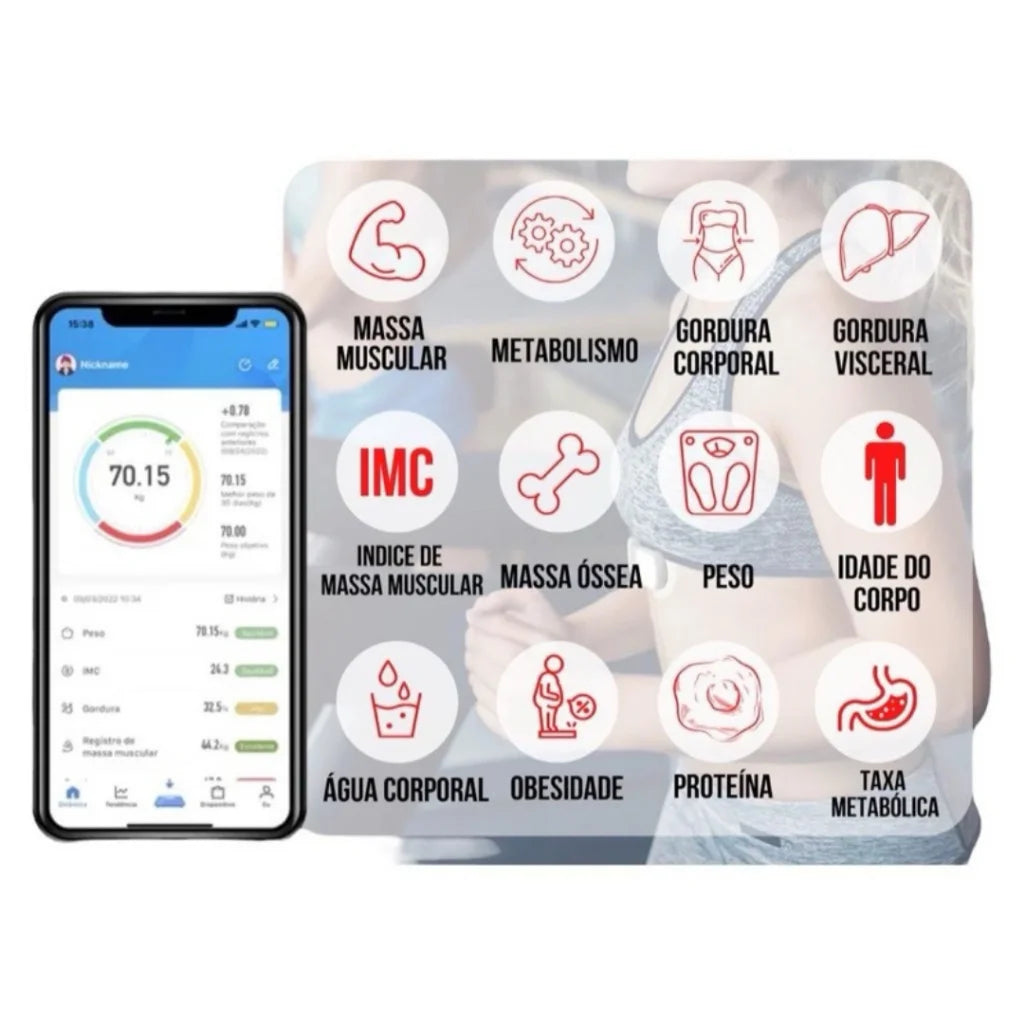 Balança Digital de Bioimpedãncia Corporal Bluetooth ate 180 kg