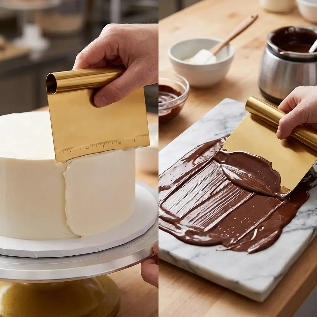Cortador de massa de pastelaria em aço inoxidável, operação manual, alça ergonômica, raspador de pizza, marcadores claros, aperto confortável, divisor de bolo