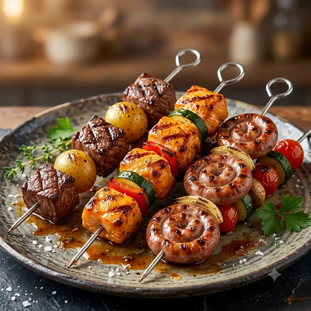 Kit Espetos Churrasco Suporte Espetinho Ponta Grelha Portátil Multiuso Forno Air Fryer