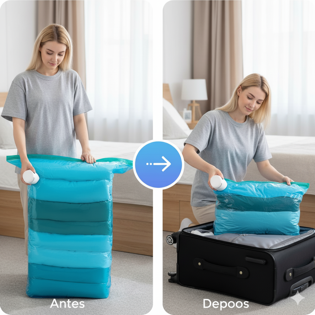 Kit Saco a Vácuo + Bomba Automática Elétrica Organizador Rápido Armazenar Guardar