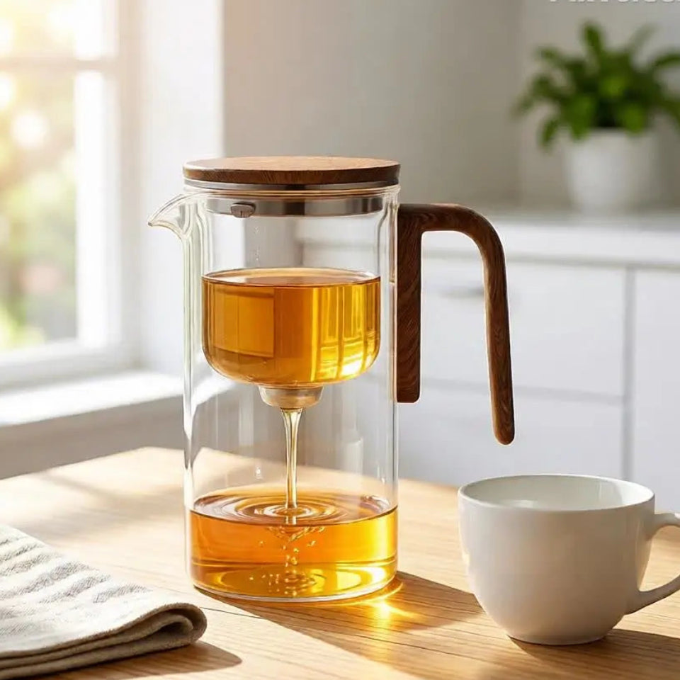 Bule de chá com filtro interno de separação de água, interruptor magnético de um clique, filtro de separação de chá, bule de vidro com alça de madeira