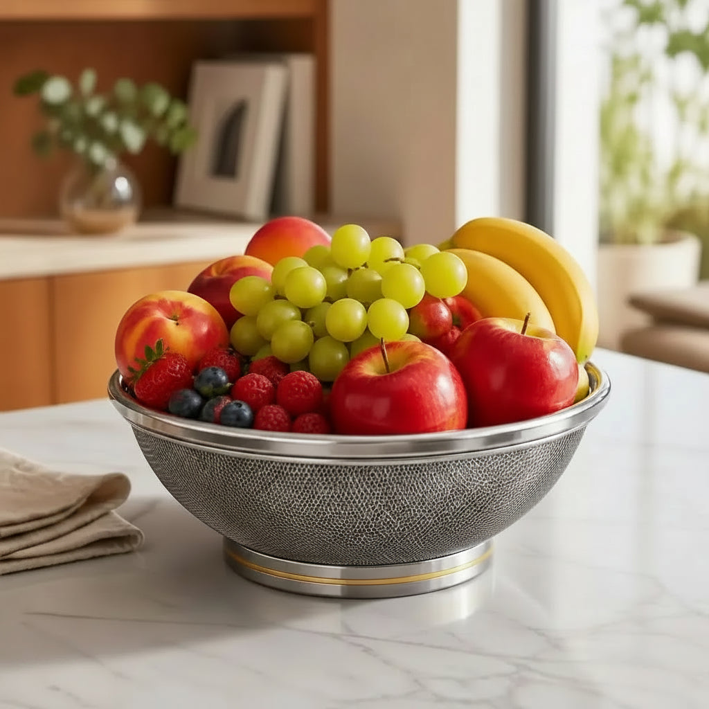 Fruteira de Mesa Inox com Tampa Telada Protetora de Alimentos Cesta Aramada Redonda