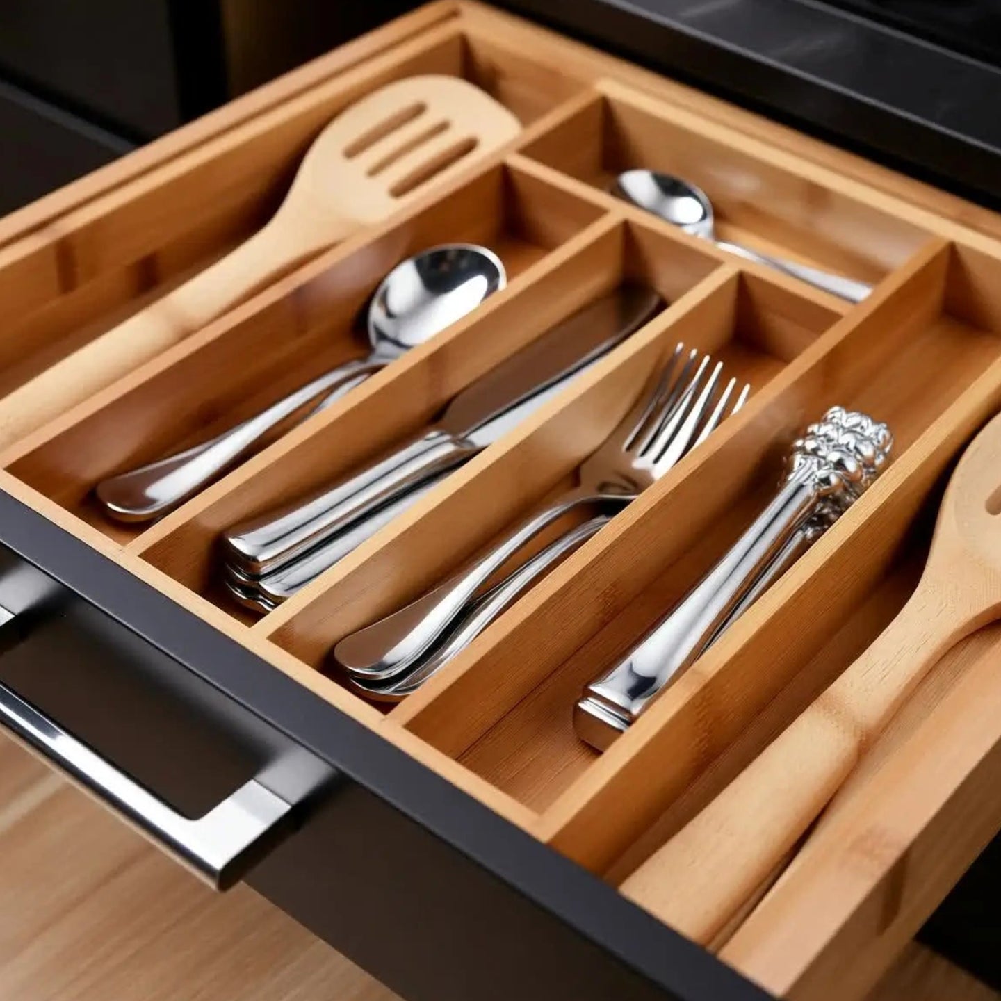 Organizador de Gaveta para Talheres 7–8 Divisórias – Ajustável em Bambu