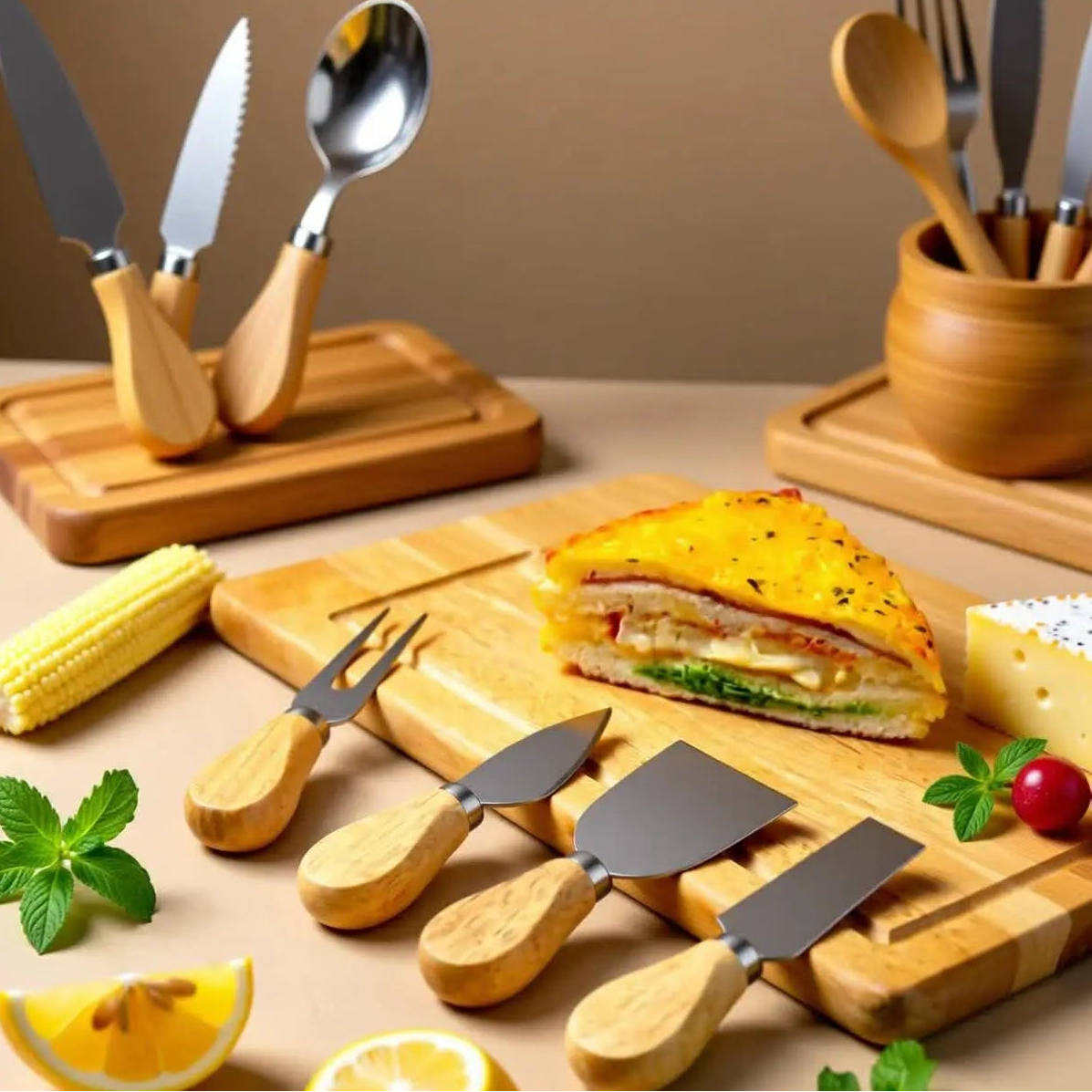 Jogo de 4 Peças Inoxidável de cortar  queijos  de Bambu