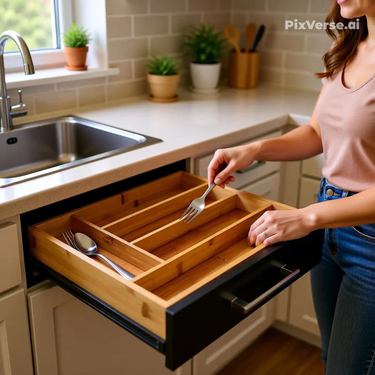 Organizador de Gaveta para Talheres 7–8 Divisórias – Ajustável em Bambu