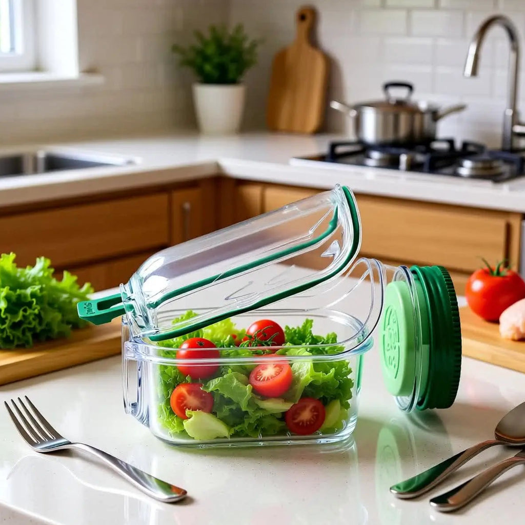 Saladeira Portátil Hérmetica  Multifuncional – Compartimentos para Molho, Vedação Antivazamento, Livre de BPA