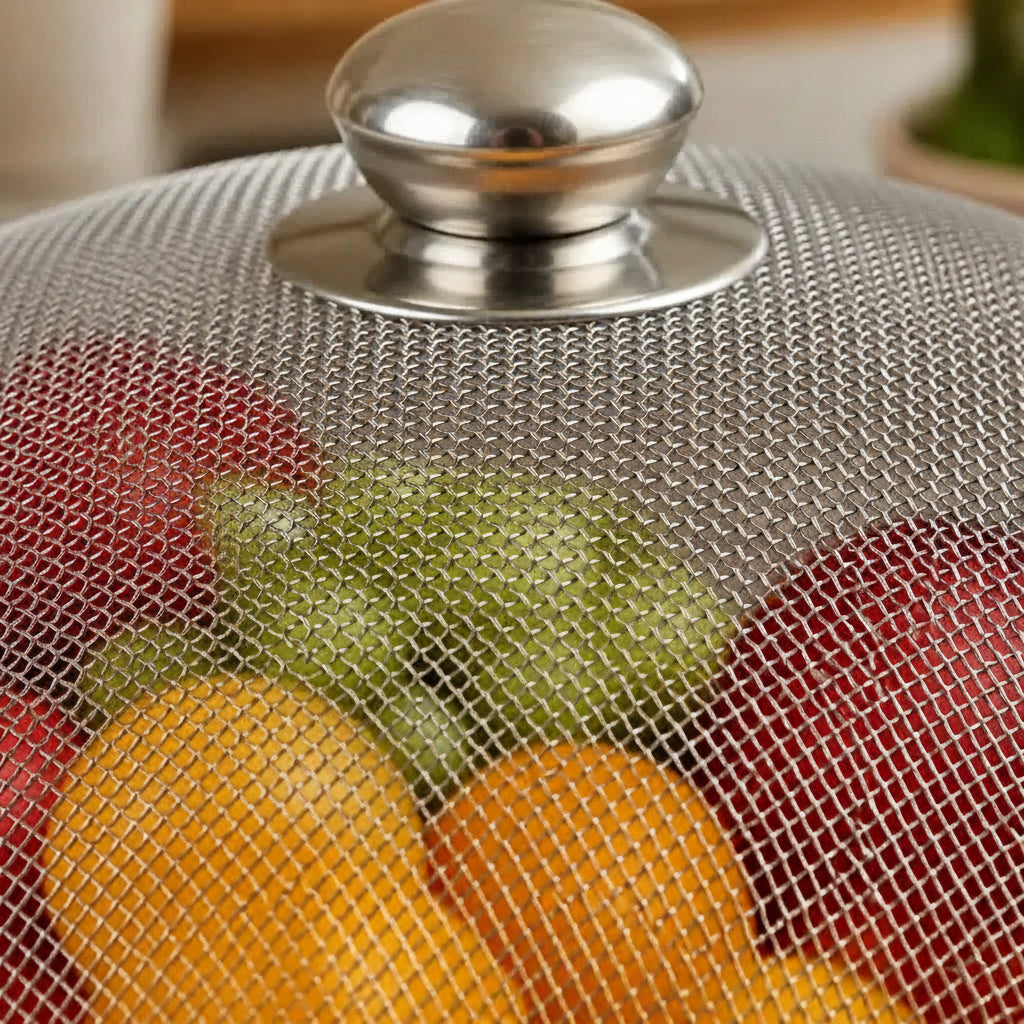 Fruteira de Mesa Inox com Tampa Telada Protetora de Alimentos Cesta Aramada Redonda
