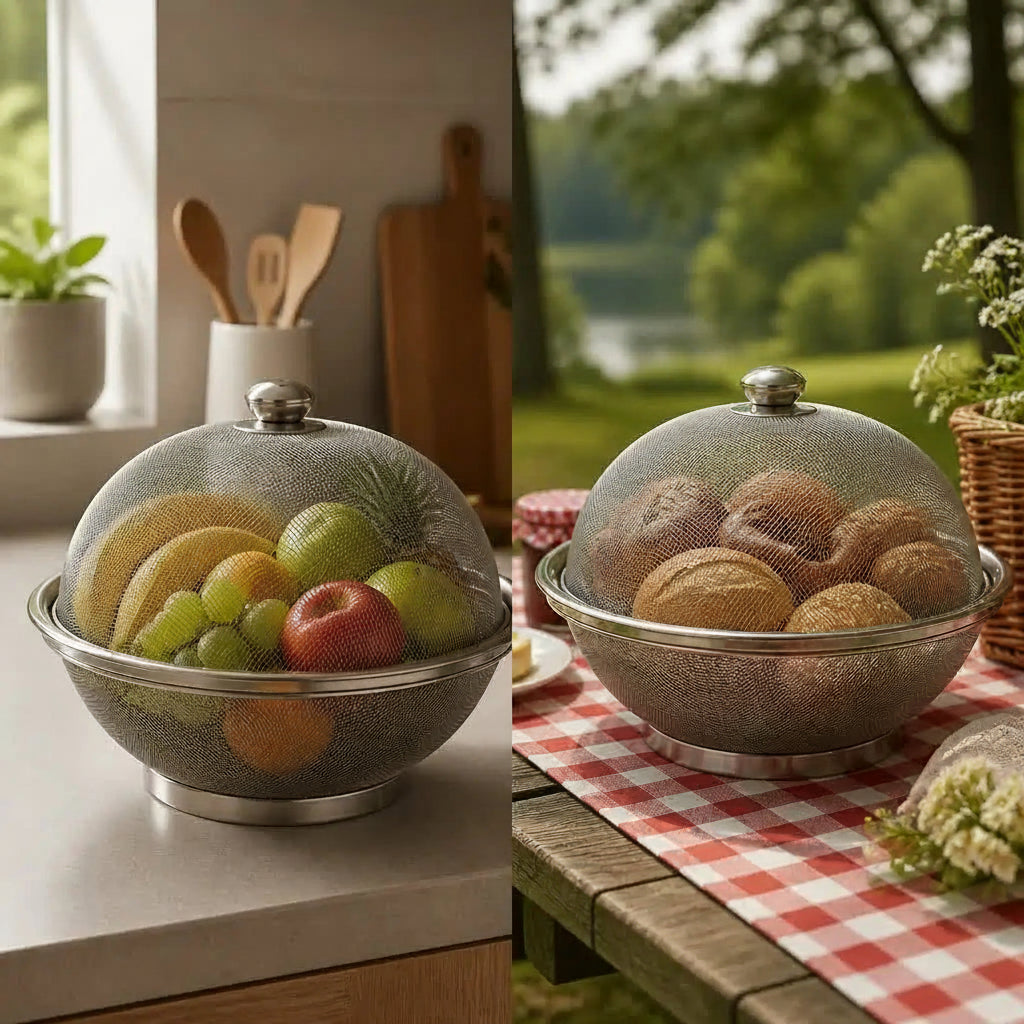 Fruteira de Mesa Inox com Tampa Telada Protetora de Alimentos Cesta Aramada Redonda