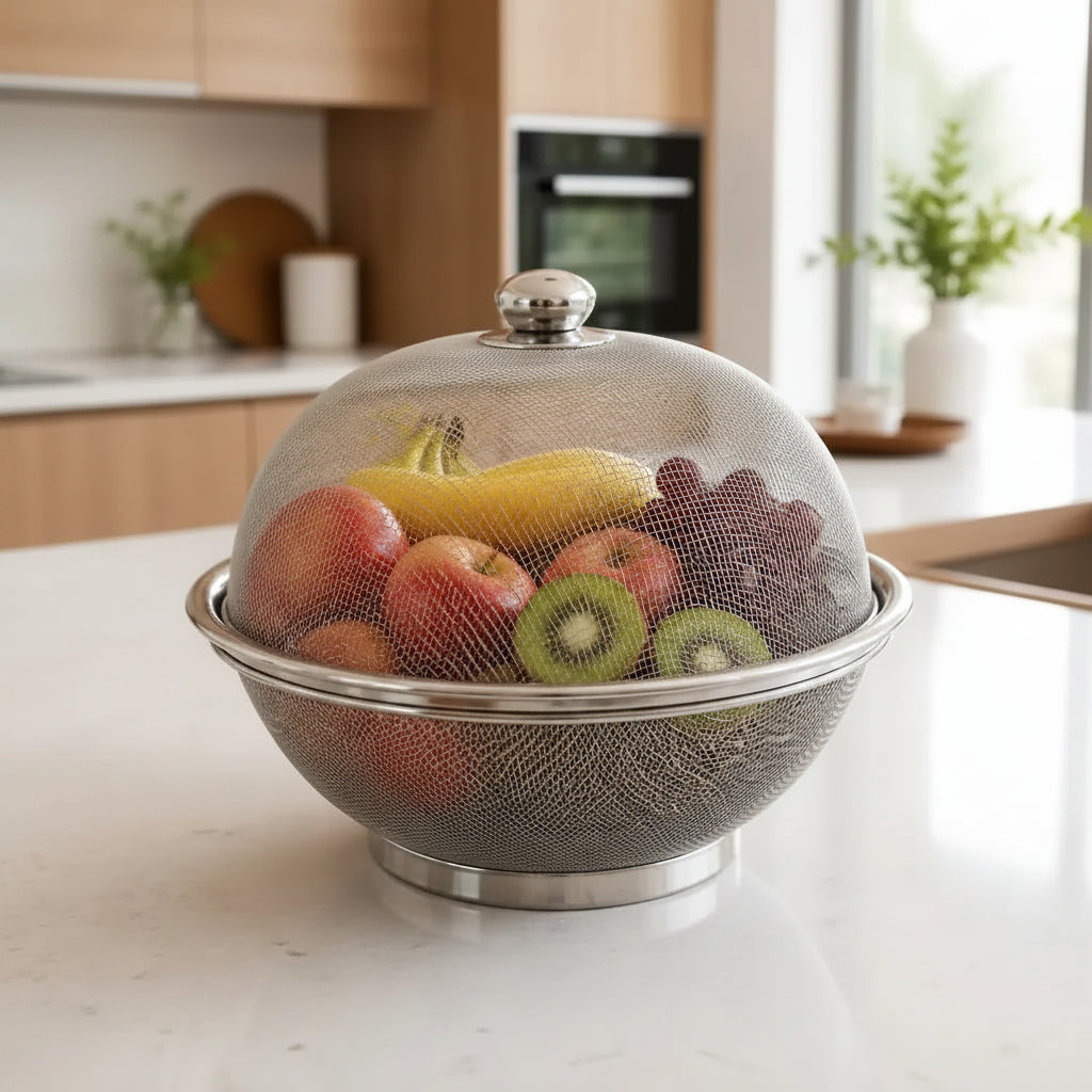Fruteira de Mesa Inox com Tampa Telada Protetora de Alimentos Cesta Aramada Redonda