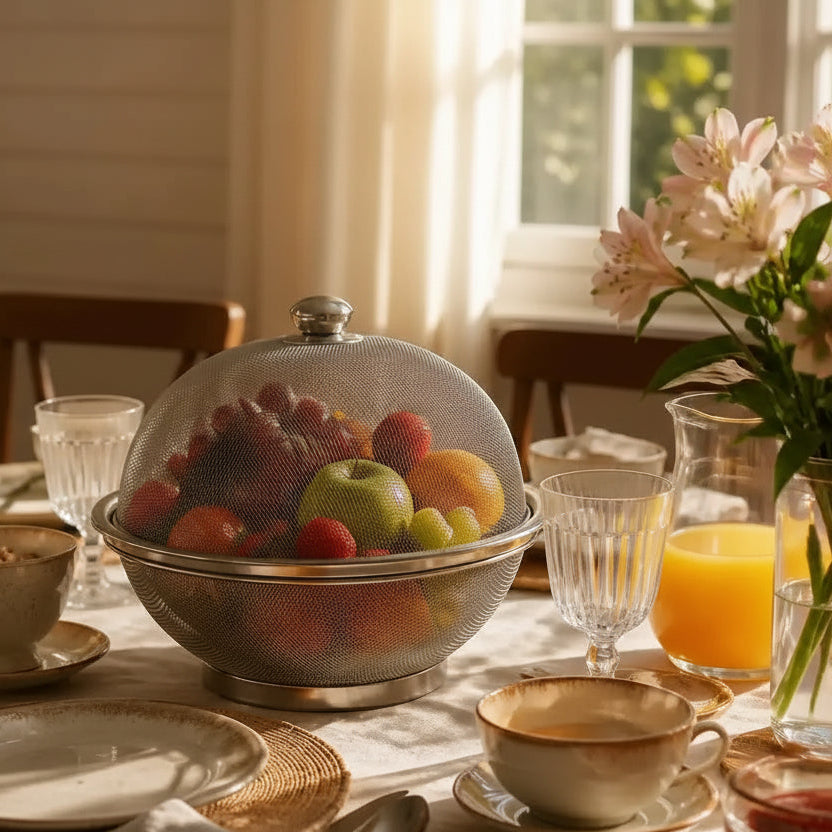 Fruteira de Mesa Inox com Tampa Telada Protetora de Alimentos Cesta Aramada Redonda