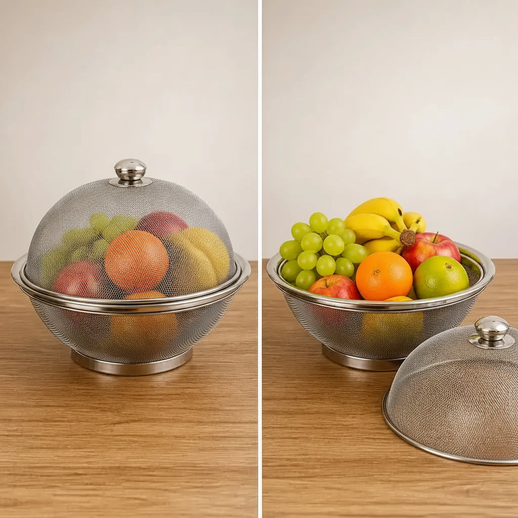Fruteira de Mesa Inox com Tampa Telada Protetora de Alimentos Cesta Aramada Redonda