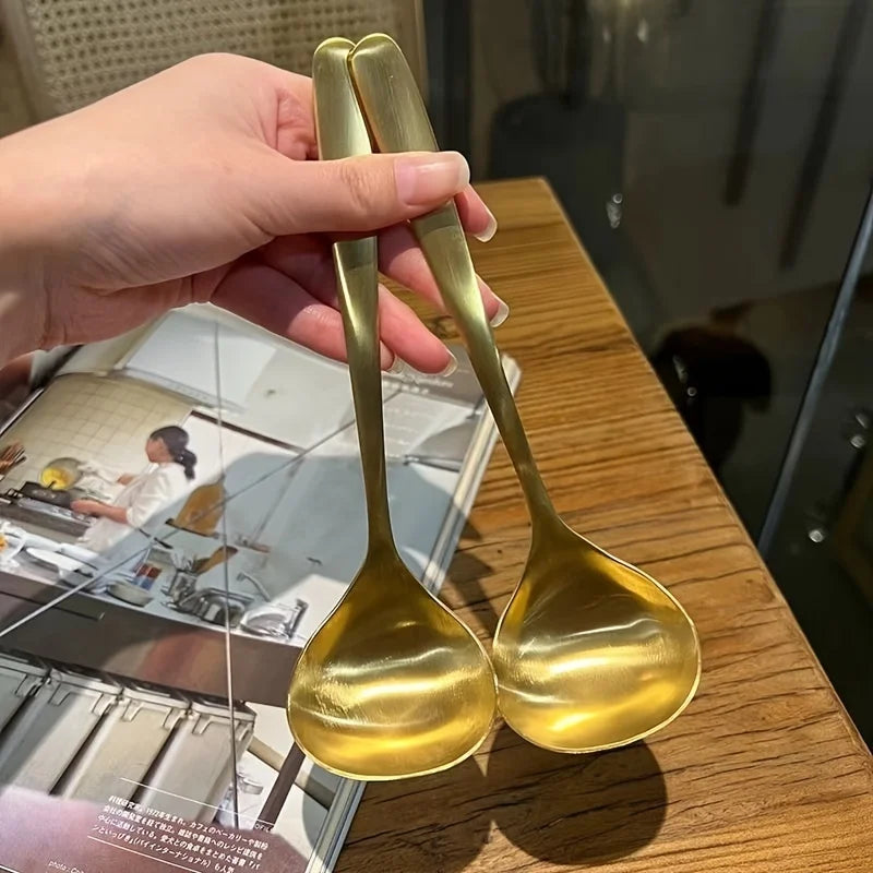 Colheres grandes de aço inoxidável dourado, 2 peças, para panela quente, sopa, mingau-alças longas, louça de cozinha e jantar elegante, colher