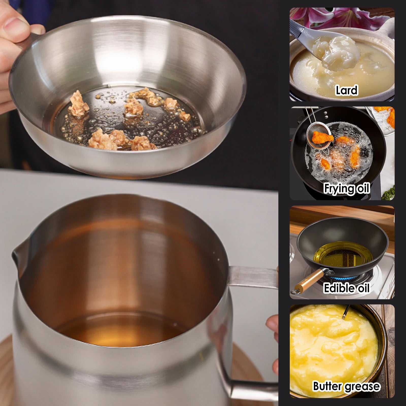 Pote de filtro de óleo de aço inoxidável, pote com filtro de malha fina, cesta de fritar, 2l, armazenamento de óleo, recipiente de graxa, cozinha