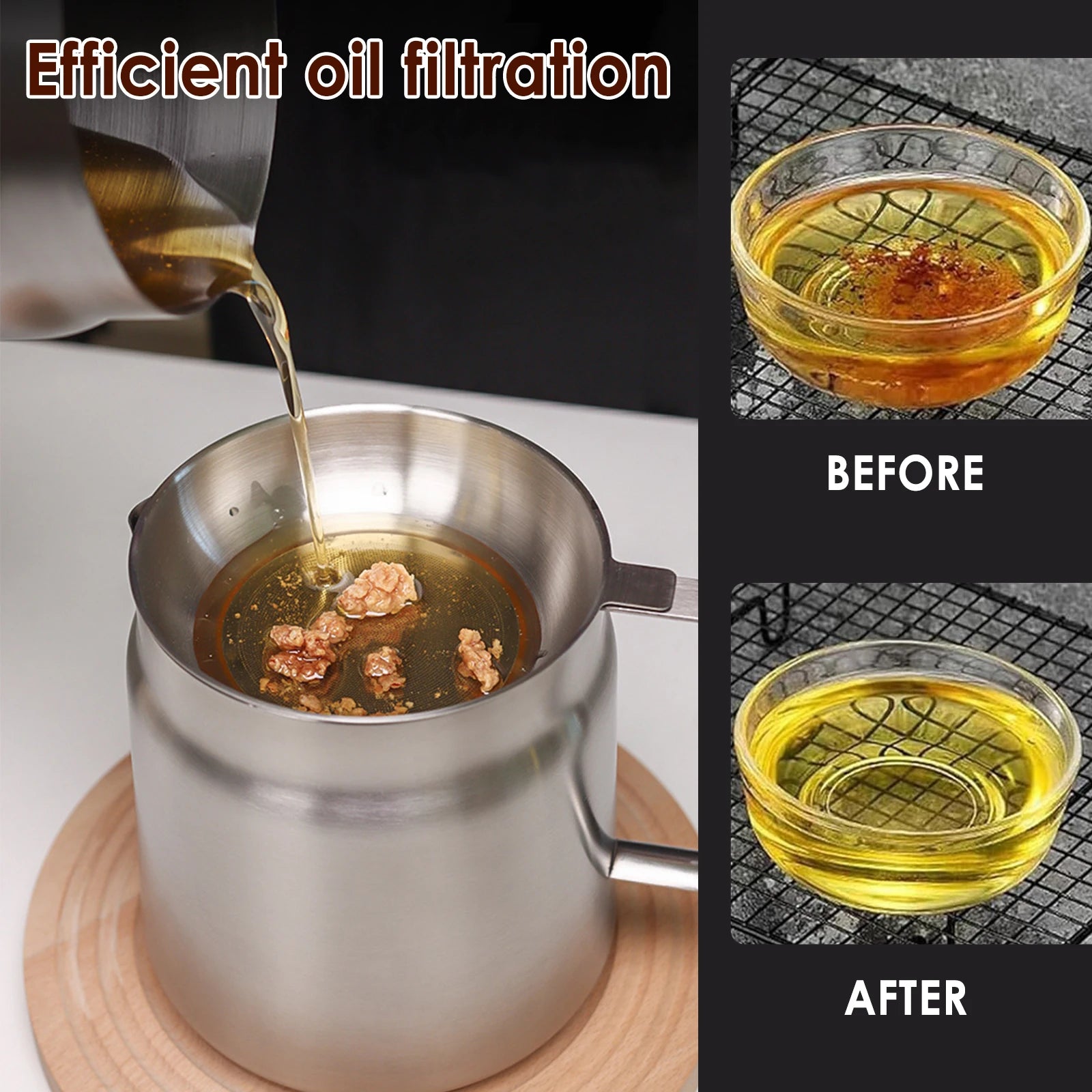 Pote de filtro de óleo de aço inoxidável, pote com filtro de malha fina, cesta de fritar, 2l, armazenamento de óleo, recipiente de graxa, cozinha