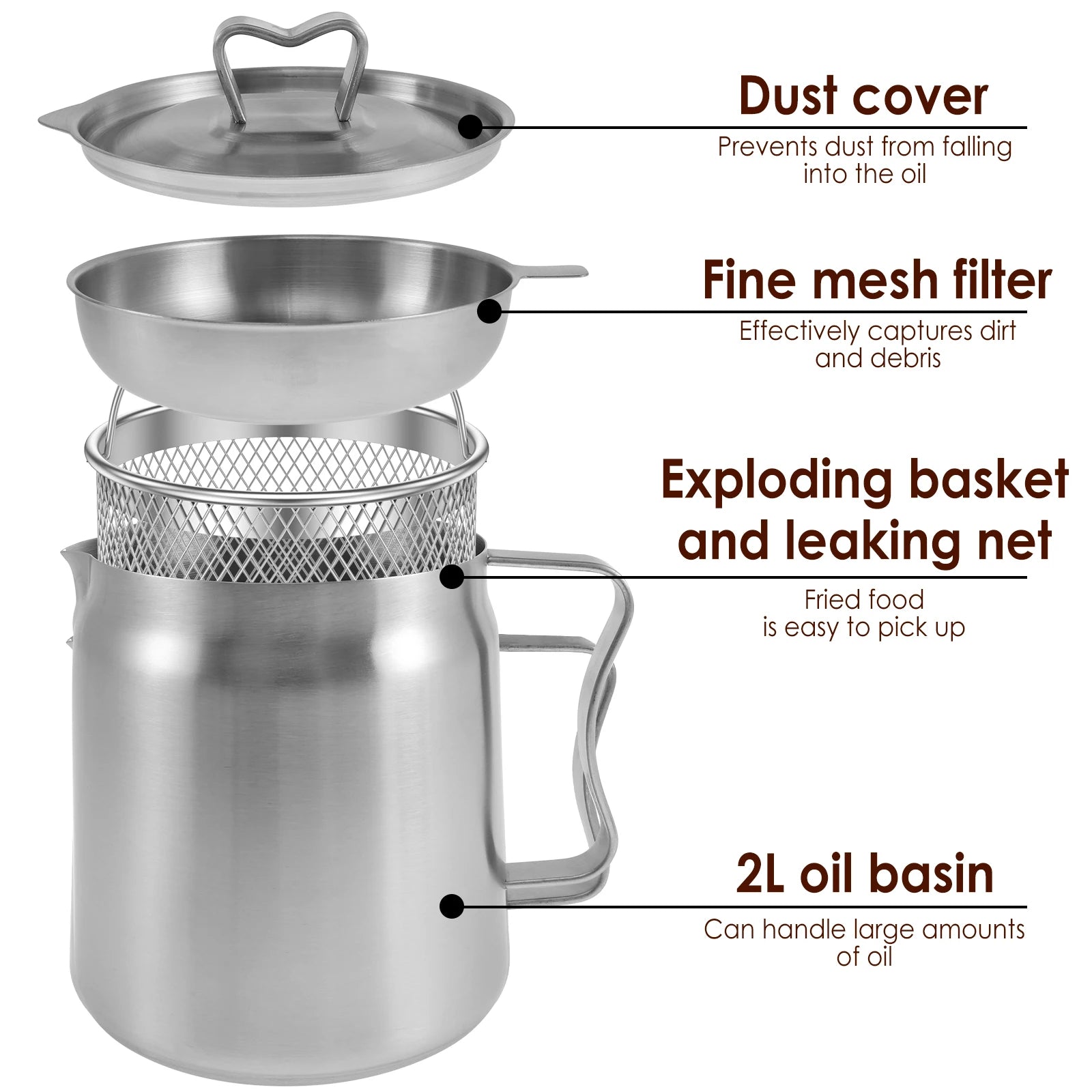 Pote de filtro de óleo de aço inoxidável, pote com filtro de malha fina, cesta de fritar, 2l, armazenamento de óleo, recipiente de graxa, cozinha