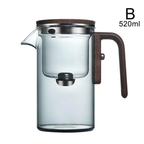 Bule de chá com filtro interno de separação de água, interruptor magnético de um clique, filtro de separação de chá, bule de vidro com alça de madeira