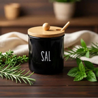 Kit Saleiro & Açucareiro 300 ml com Tampa e Colher de Bambu – Preto/Branco