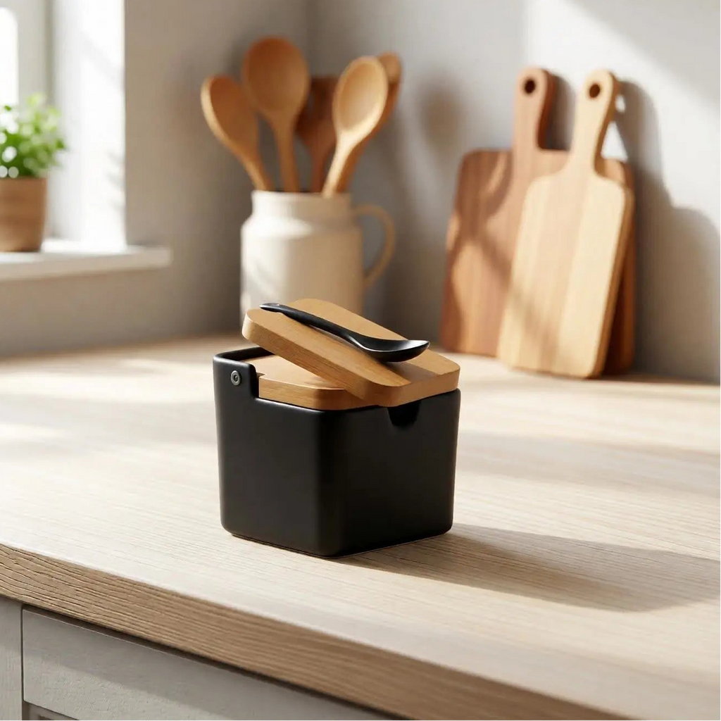 Saleiro Manhattan Premium de Porcelana com Tampa de Bambu – Preto