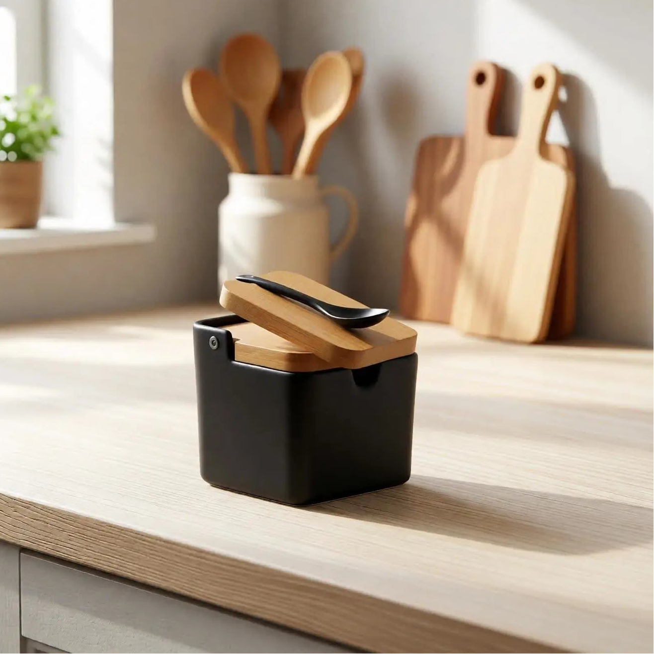 Saleiro Manhattan Premium de Porcelana com Tampa de Bambu – Preto