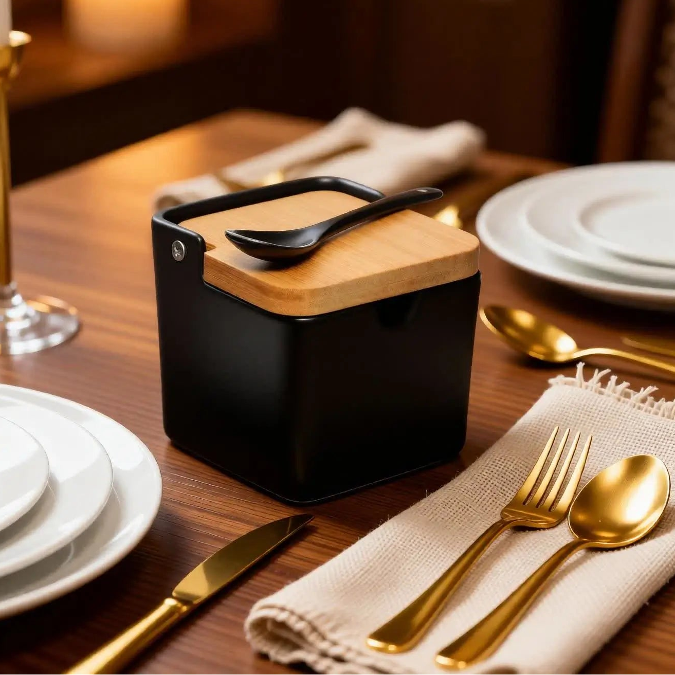 Saleiro Manhattan Premium de Porcelana com Tampa de Bambu – Preto
