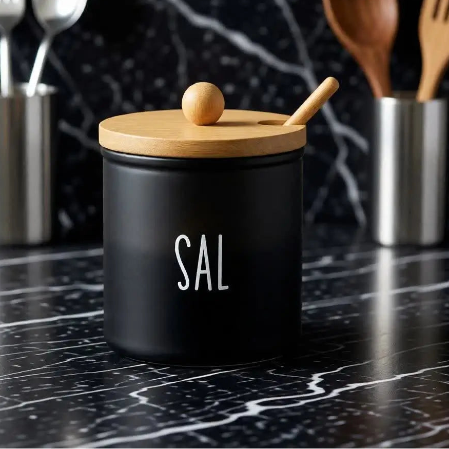Kit Saleiro & Açucareiro 300 ml com Tampa e Colher de Bambu – Preto/Branco