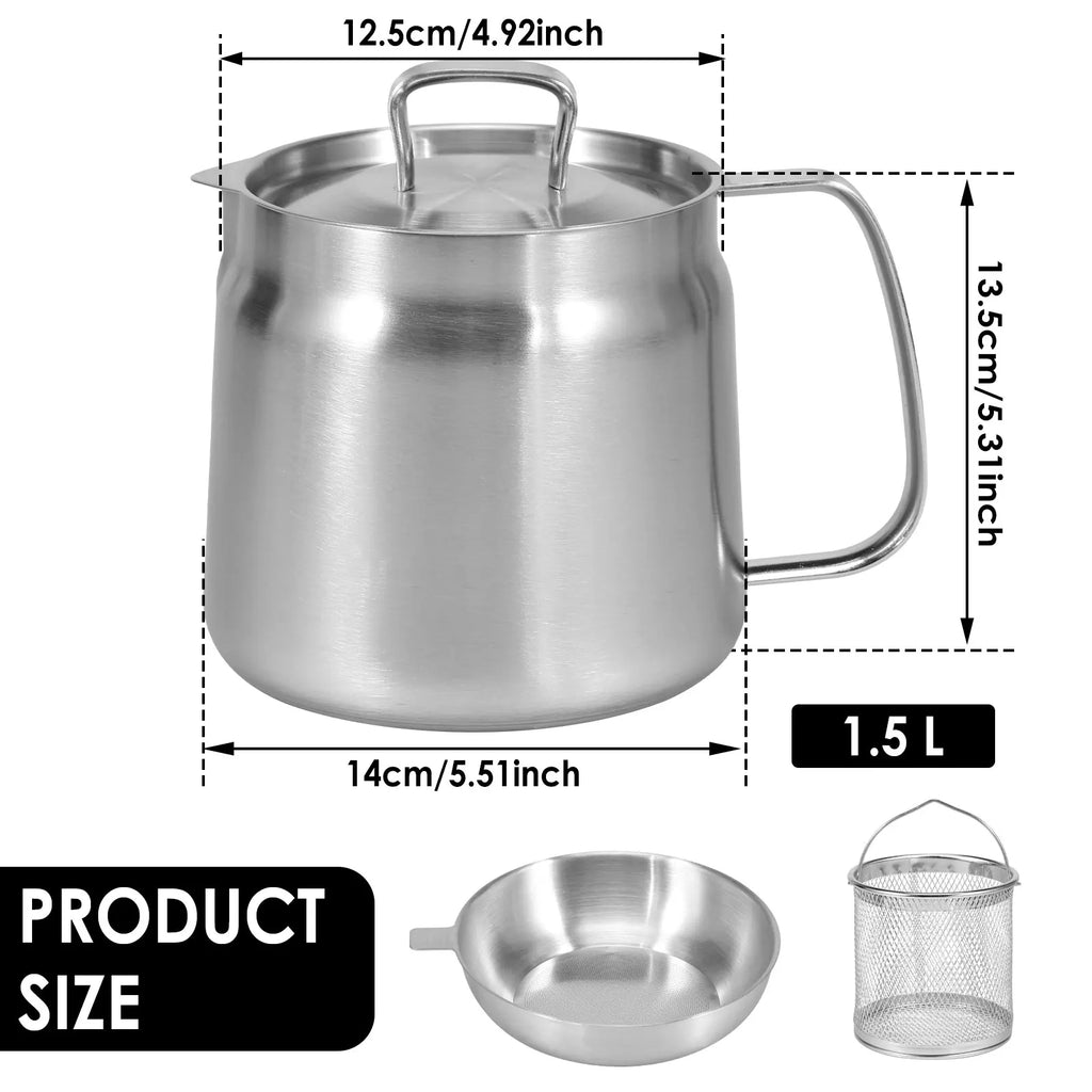 Pote de filtro de óleo de aço inoxidável, pote com filtro de malha fina, cesta de fritar, 2l, armazenamento de óleo, recipiente de graxa, cozinha