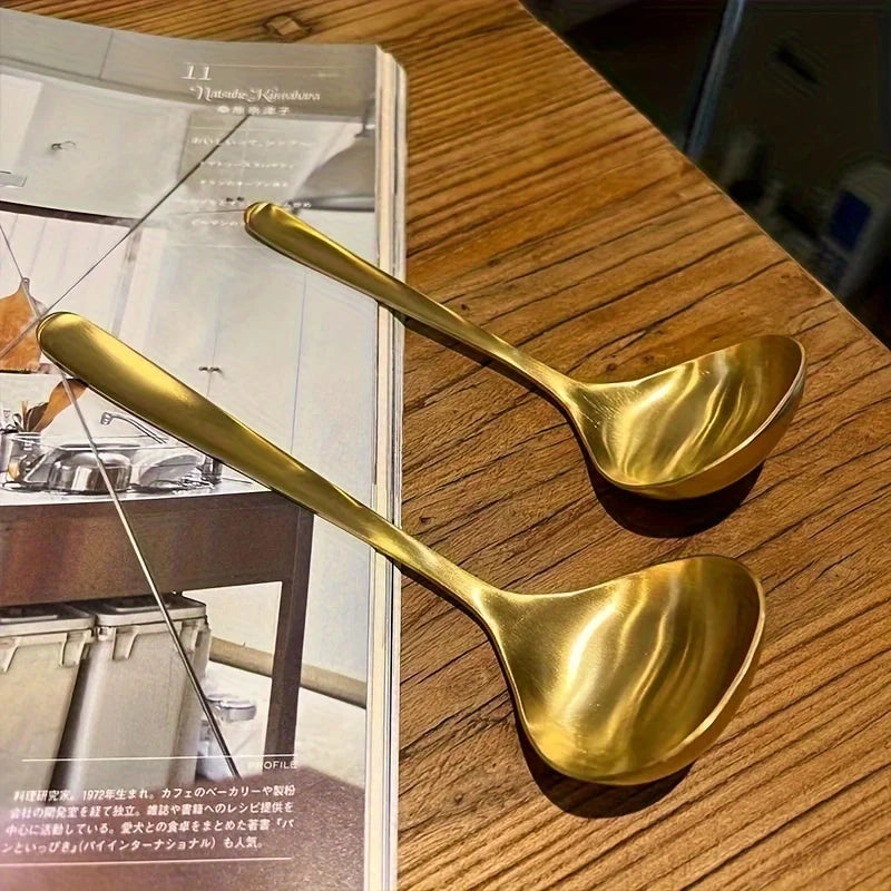 Colheres grandes de aço inoxidável dourado, 2 peças, para panela quente, sopa, mingau-alças longas, louça de cozinha e jantar elegante, colher