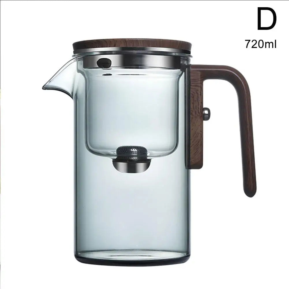 Bule de chá com filtro interno de separação de água, interruptor magnético de um clique, filtro de separação de chá, bule de vidro com alça de madeira