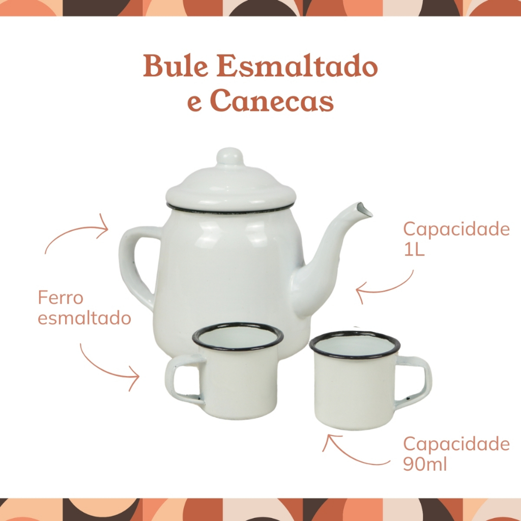 Chaleira Bule Esmaltado 1L Bico de Ganso e 6 Canecas 90ml Rústicas Conjunto ou Unitário