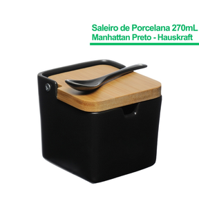 Saleiro Manhattan Premium Em Porcelana Com Tampa De Bambu Preto