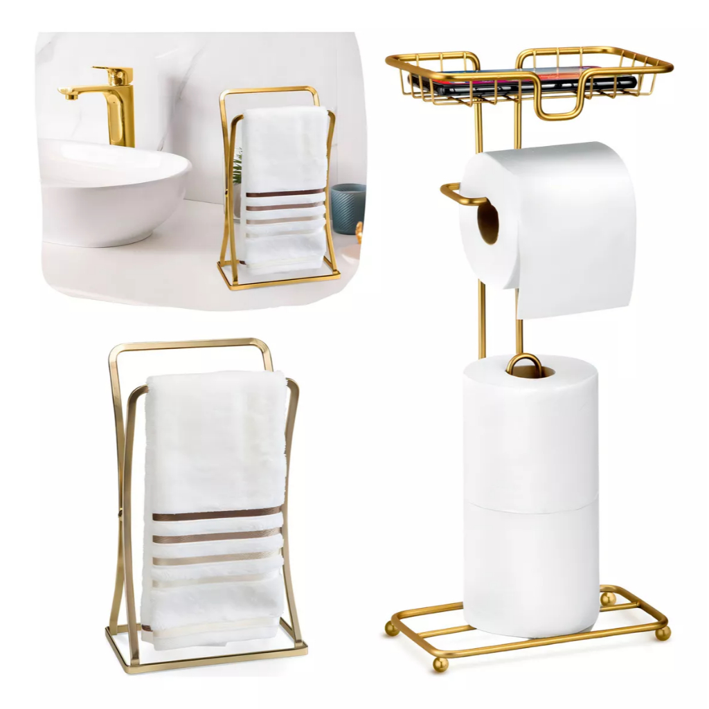 Kit Lavabo Toalheiro Porta Toalha de Rosto + Porta Papel Higiênico Celular Dourado Banheiro Arthi