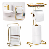 Kit Lavabo Dourado – Lixeira 5L, Suporte para Papel + Celular e Escova