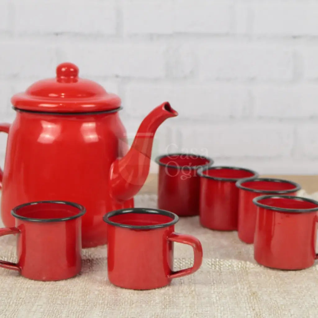 Chaleira Bule Esmaltado 1L Bico de Ganso e 6 Canecas 90ml Rústicas Conjunto ou Unitário