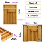 Porta Talheres Gaveta Bambu 7 e 8 Divisorias Ajustavel Extensivel Organizador Utensilios Cozinha