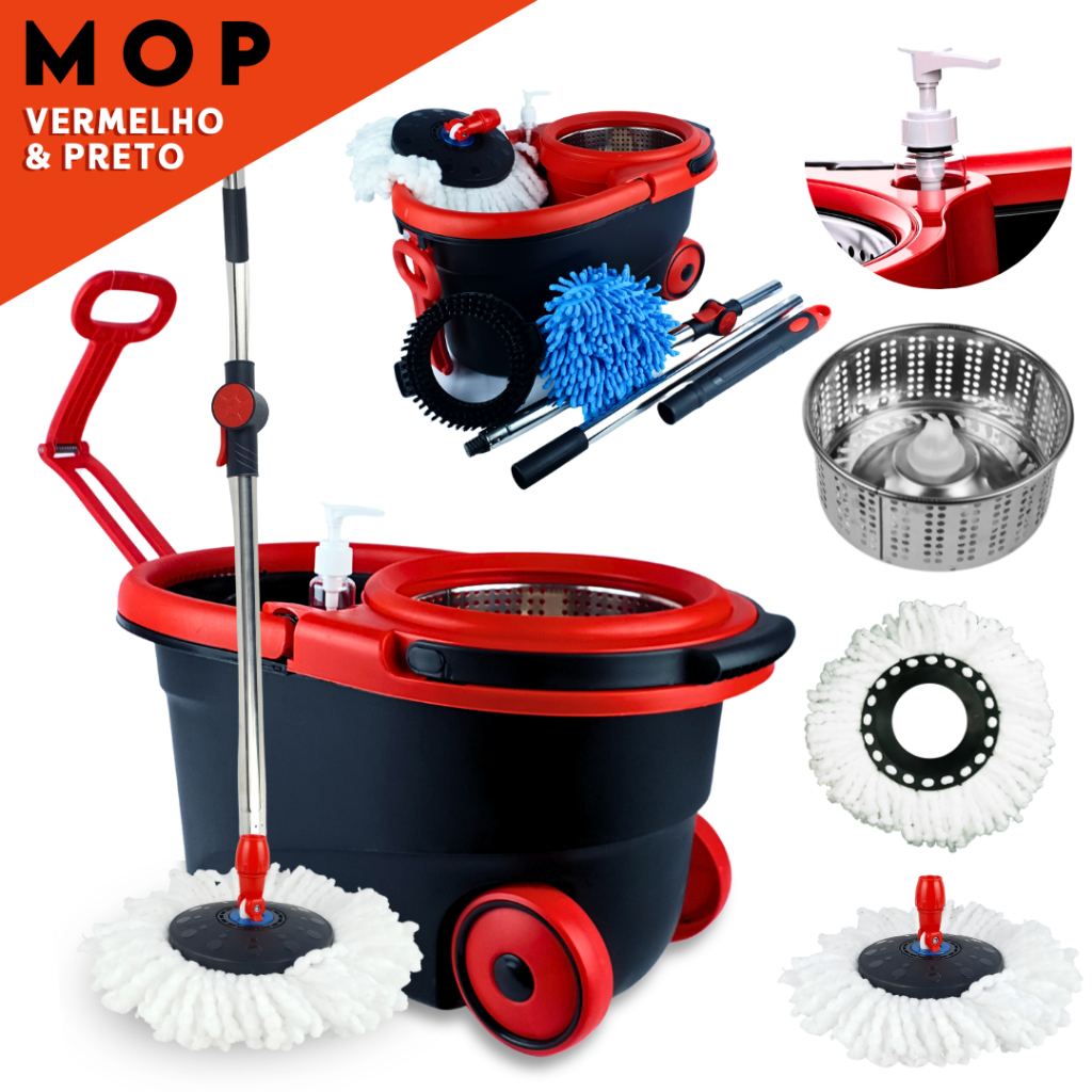 Mop Giratório Com Cesto Em Inox - Cabo 150cm - Completo - Vermelho - Aviv