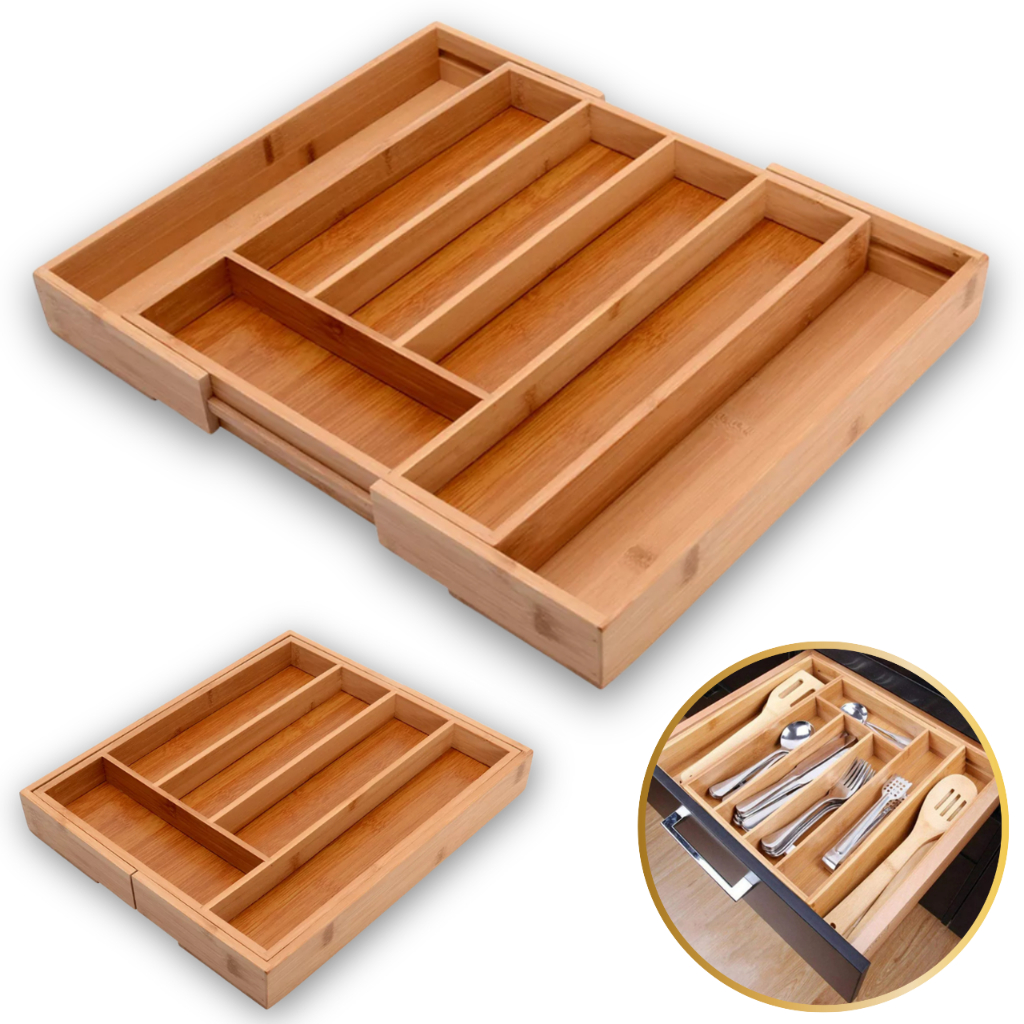 Organizador de Gaveta para Talheres 7–8 Divisórias – Ajustável em Bambu