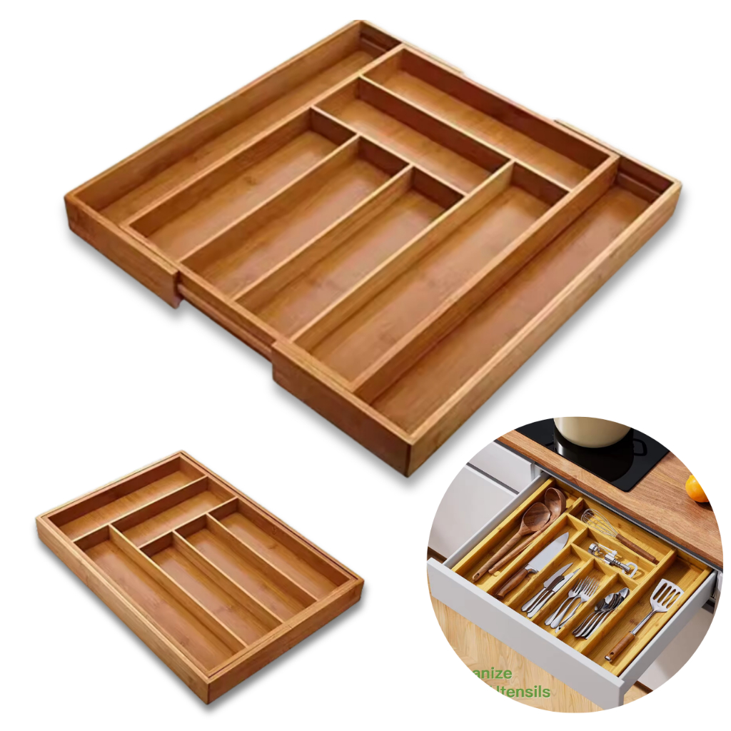 Organizador de Gaveta para Talheres 7–8 Divisórias – Ajustável em Bambu