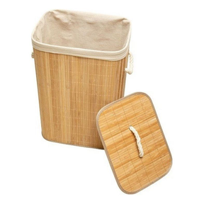 Cesto Roupa Bambu Retangular Com Tampa Alças Banheiro Bege