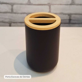 KIT BANHEIRO PRETO LAVABO detalhes em bambu lixeira com tampa de bambu lavabo escova sanitária