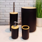 KIT BANHEIRO PRETO LAVABO detalhes em bambu lixeira com tampa de bambu lavabo escova sanitária
