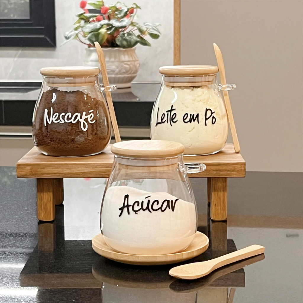 Kit 02 Pote De Vidro Oval  Tampa Bambu Hermético Com Colher SEM ADESIVO