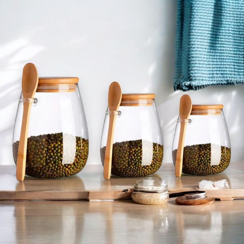 Kit 02 Pote De Vidro Oval 500ML 850ML 1100ML Tampa Bambu Hermético Com Colher SEM ADESIVO MIMI